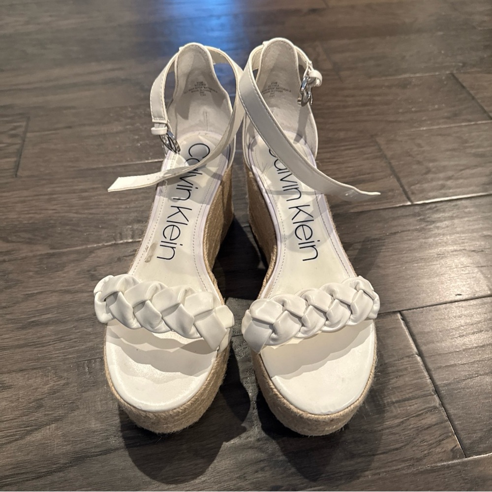 Calvin Klein White Braided Ankle-Strap Wedge Sandals